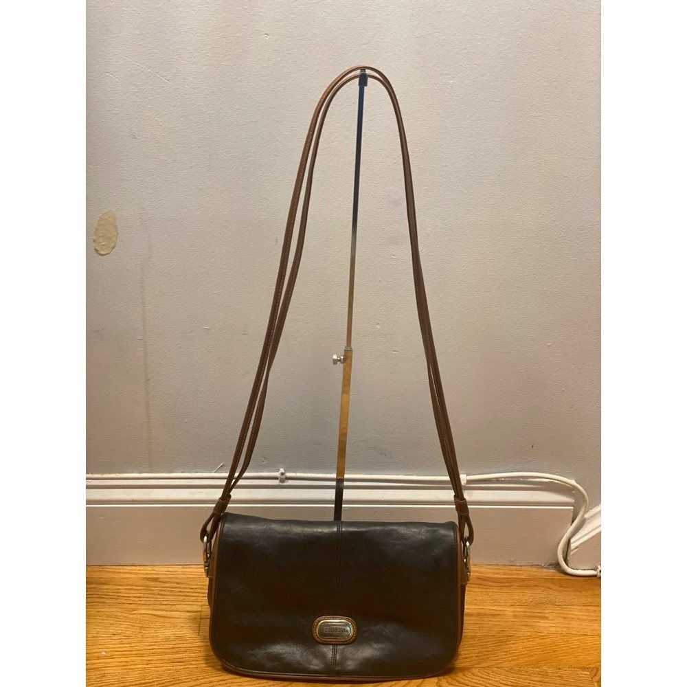 COCCINELLE Black Leather Crossbody Shoulder Bag Flap Closure Brown Trim